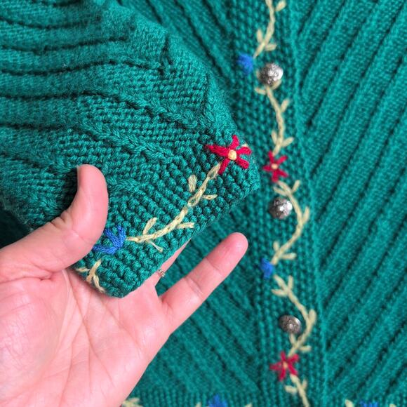 Vintage Deans of Scotland Wool Sweater Medium Green Floral Cardigan Cottagecore - Picture 4 of 6